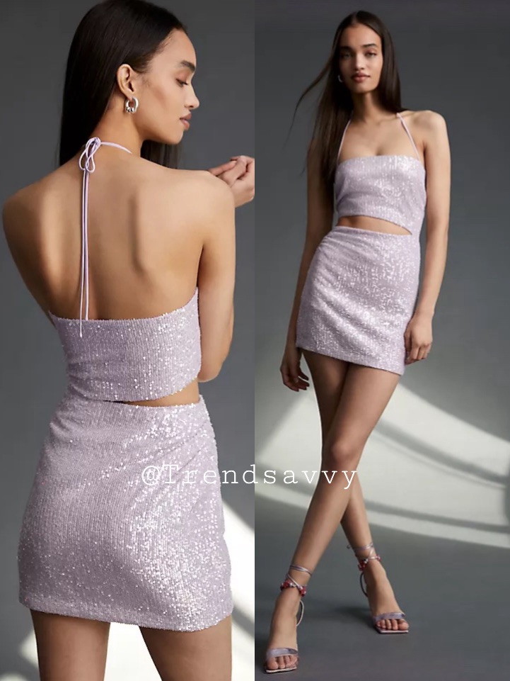 Anthropologie Sequin Bodycon Mini Dress Lavender Cutout Party Large Nwt